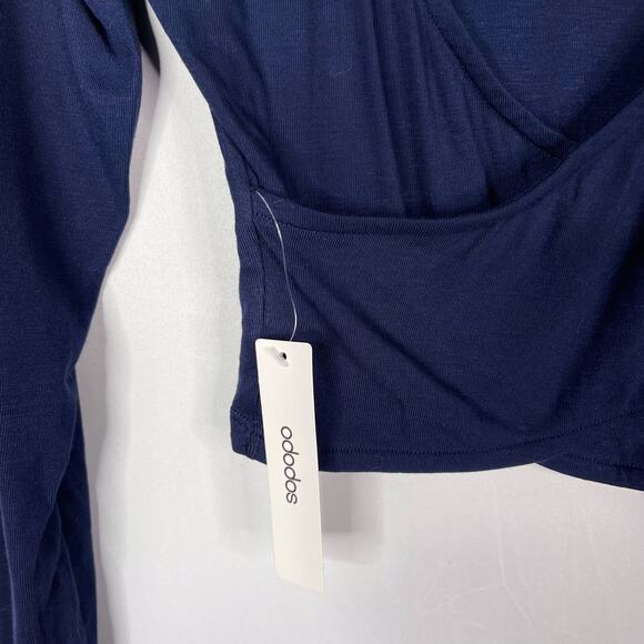 New Ododos Small Navy Blue Cropped Cross Wrap Front Long Sleeve Top Deep V Neck - Picture 7 of 10